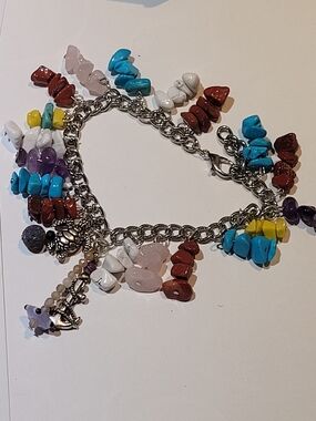 Multicolor Stone Charm Bracelet — Silver Plated Turtle And Anchor